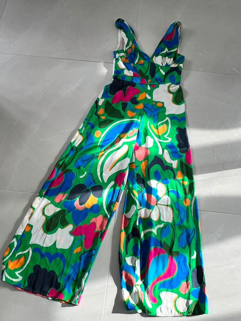 Zara Vibrant Multicolor Abstract Floral Wide Leg Palazzo Jumpsuit (Size XS)